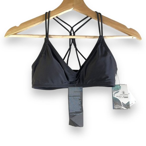 Volcom Womens Bikini Top XS Black Wireless Criss Cross Strap Simply Solid New - Picture 1 of 11